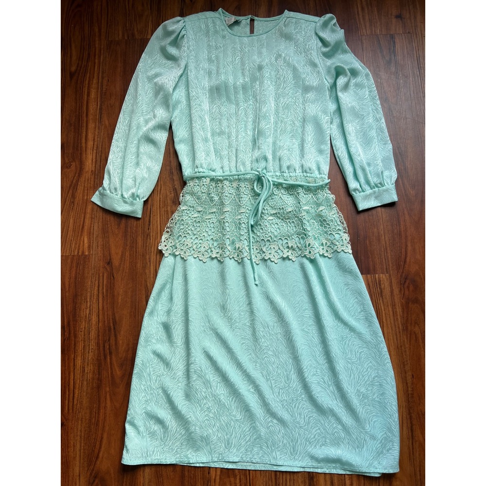 Vintage MIDI Dress Women Size 12 Mint Green Excellent Lace Peplum 80s Elegant